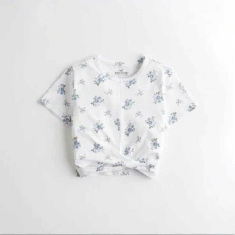 Hollister White Crop Twist Front T-Shirt with Blue Flowers